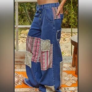 POL Denim Patchwork Wide-Leg Pants